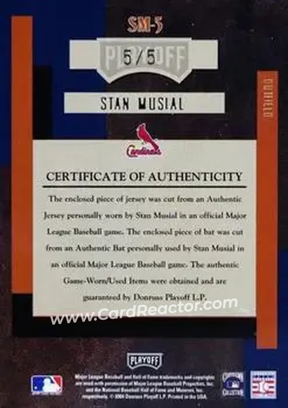 2004 Playoff Absolute Memorabilia - Signature Combo Material PS #SM-5 - Stan Musial - St. Louis Cardinals - Back