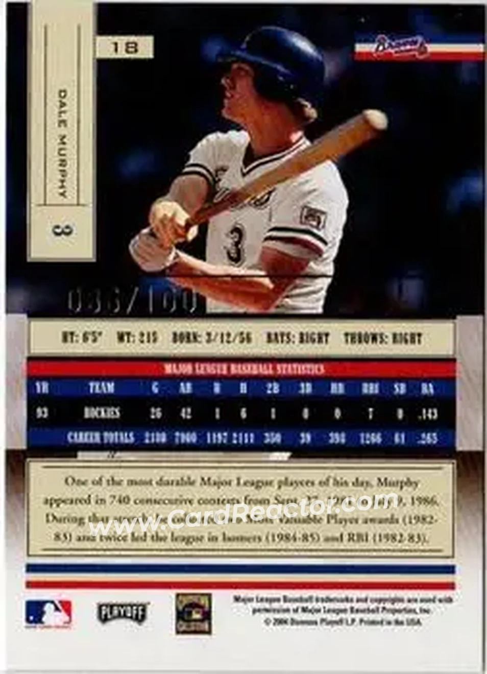 2004 Playoff Absolute Memorabilia - Signature Spectrum Gold #18 - Dale Murphy - Atlanta Braves - Back