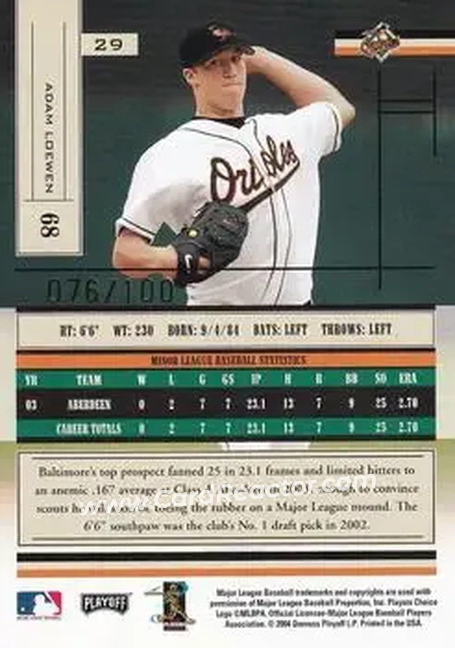 2004 Playoff Absolute Memorabilia - Signature Spectrum Gold #29 - Adam Loewen - Baltimore Orioles - Back