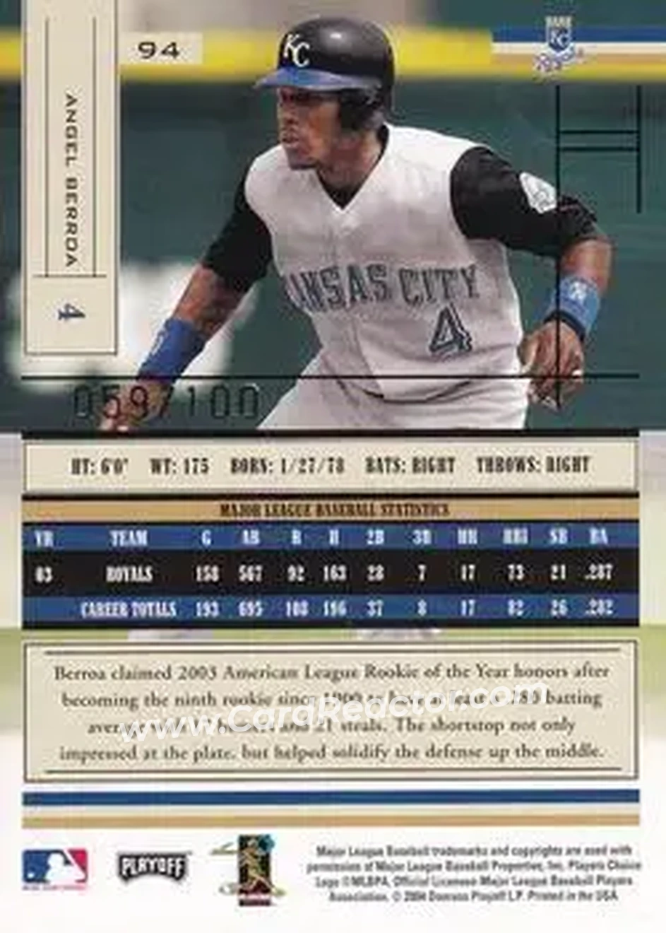 2004 Playoff Absolute Memorabilia - Signature Spectrum Gold #94 - Angel Berroa - Kansas City Royals - Back