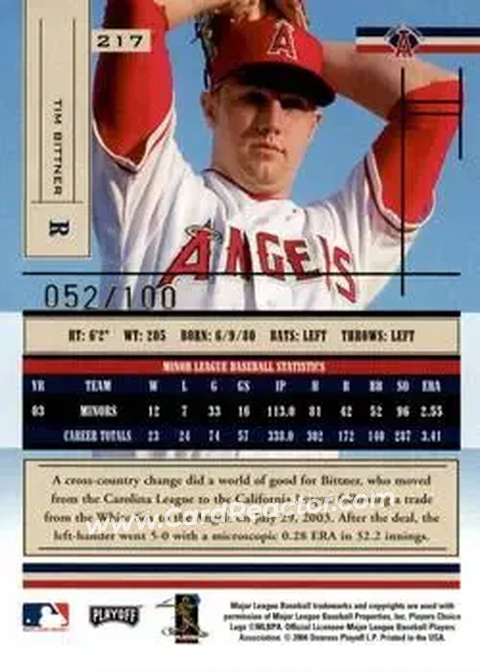 2004 Playoff Absolute Memorabilia - Signature Spectrum Gold #217 - Tim Bittner - Anaheim Angels - Back