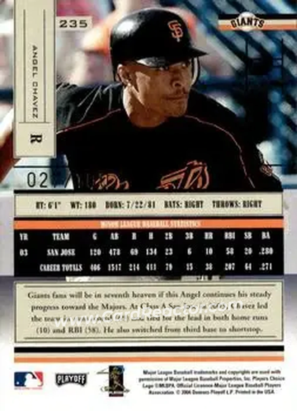 2004 Playoff Absolute Memorabilia - Signature Spectrum Gold #235 - Angel Chavez - San Francisco Giants - Back