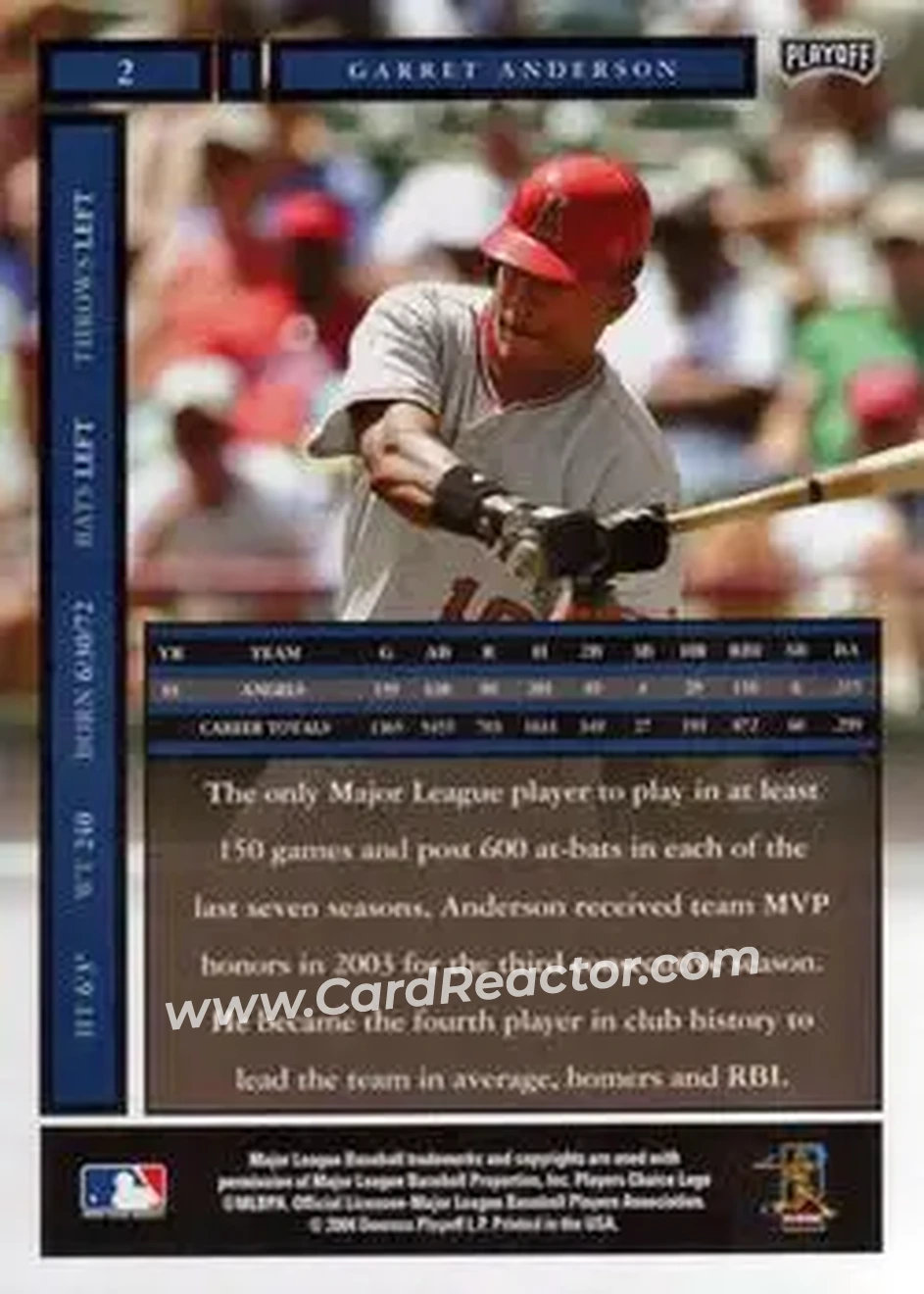2004 Playoff Honors #2 - Garret Anderson - Anaheim Angels - Back