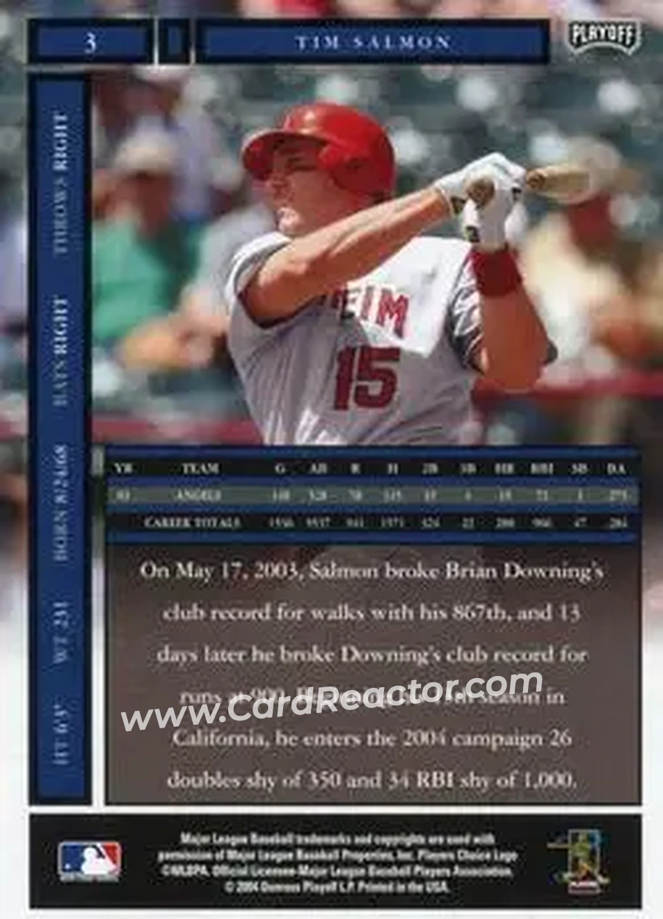 2004 Playoff Honors #3 - Tim Salmon - Anaheim Angels - Back