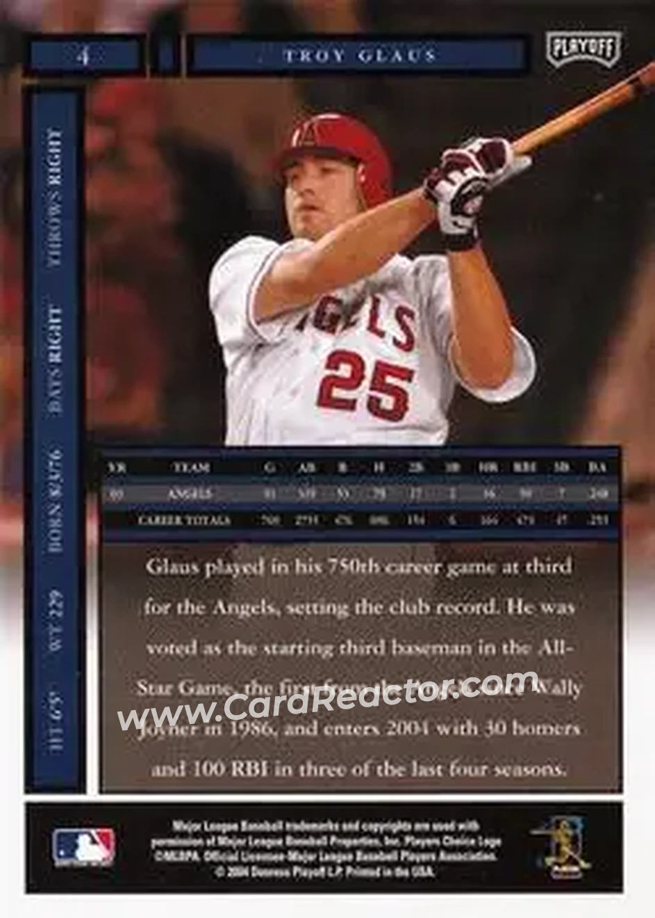 2004 Playoff Honors #4 - Troy Glaus - Anaheim Angels - Back