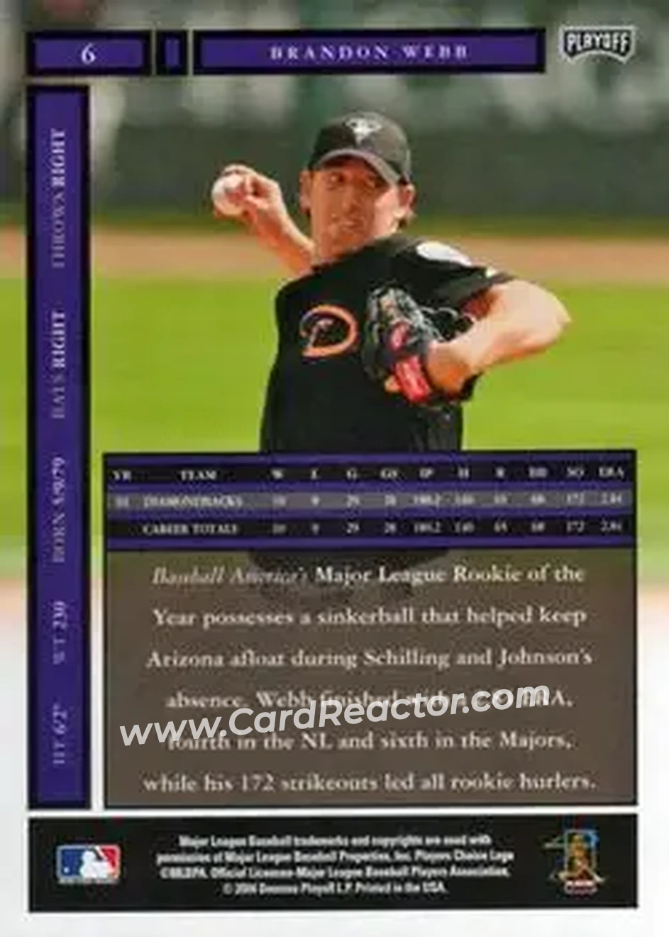 2004 Playoff Honors #6 - Brandon Webb - Arizona Diamondbacks - Back