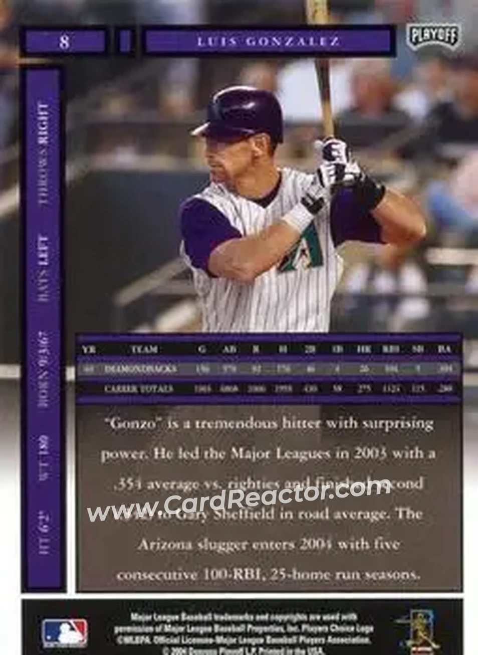 2004 Playoff Honors #8 - Luis Gonzalez - Arizona Diamondbacks - Back