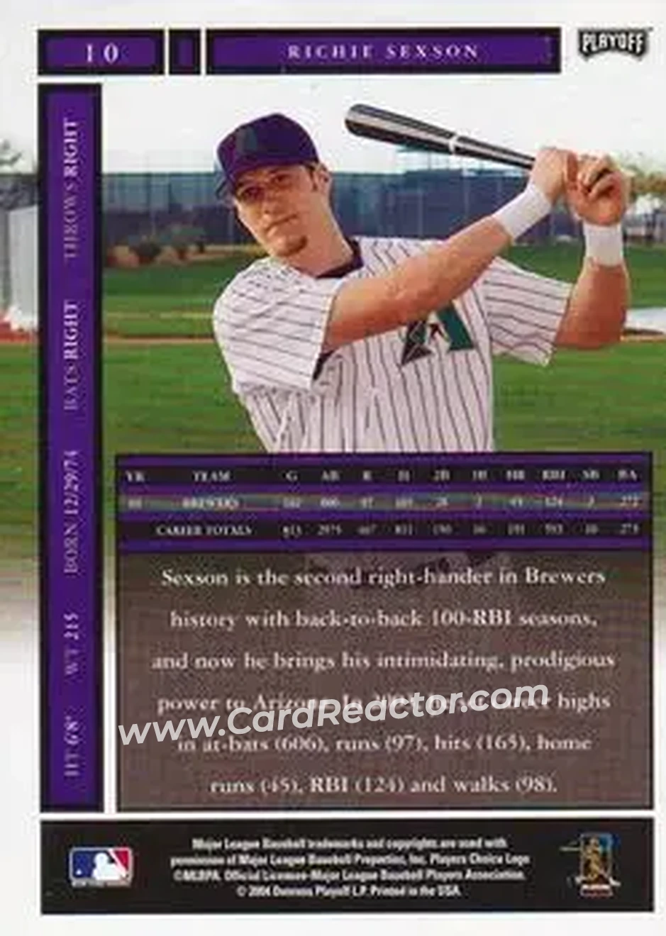 2004 Playoff Honors #10 - Richie Sexson - Arizona Diamondbacks - Back