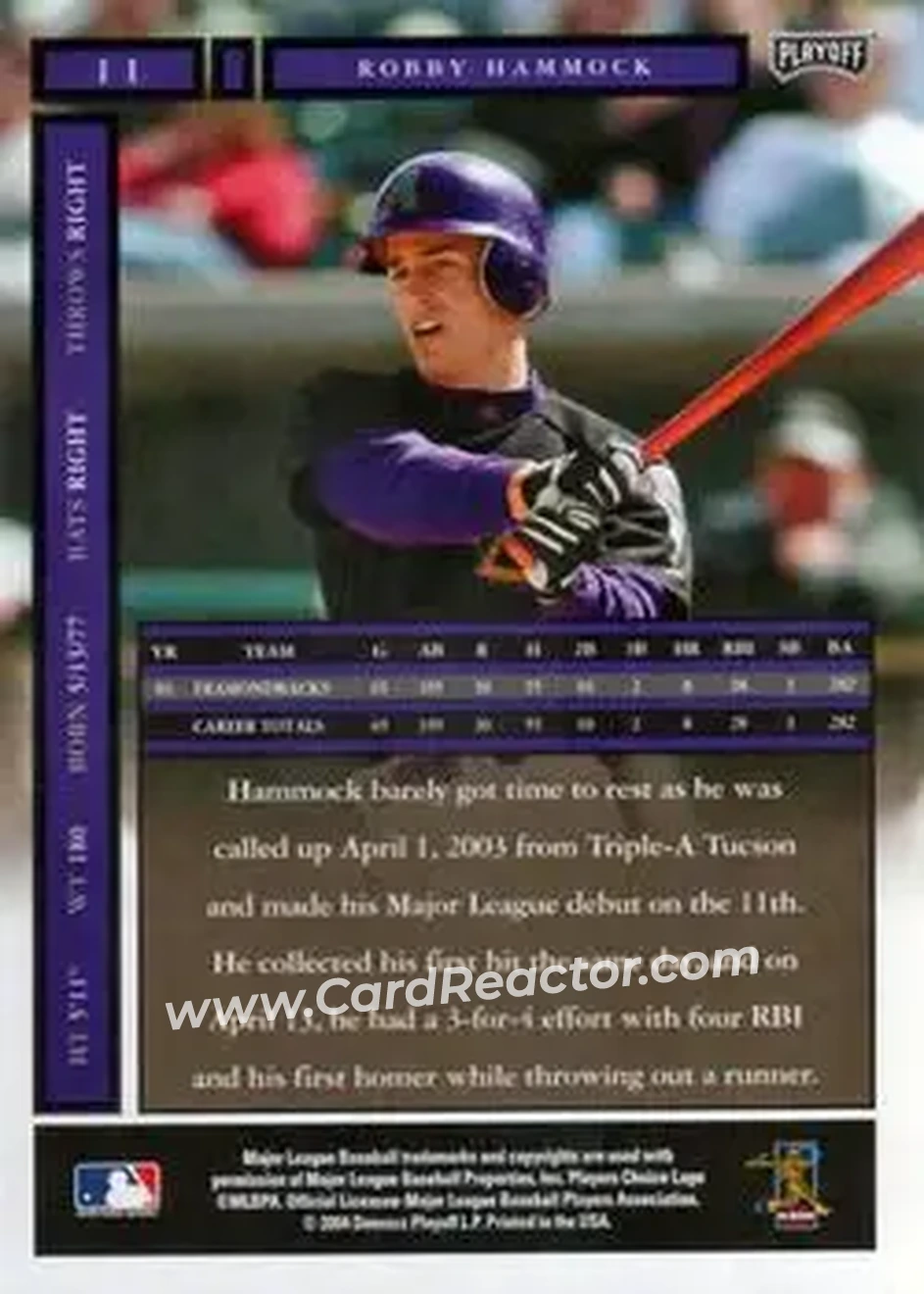 2004 Playoff Honors #11 - Robby Hammock - Arizona Diamondbacks - Back