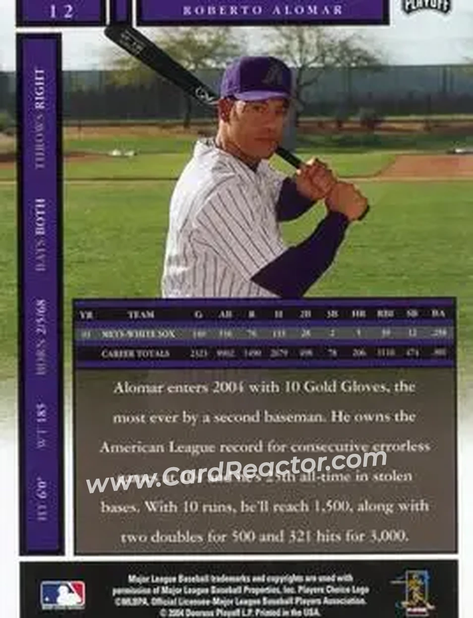2004 Playoff Honors #12 - Roberto Alomar - Arizona Diamondbacks - Back