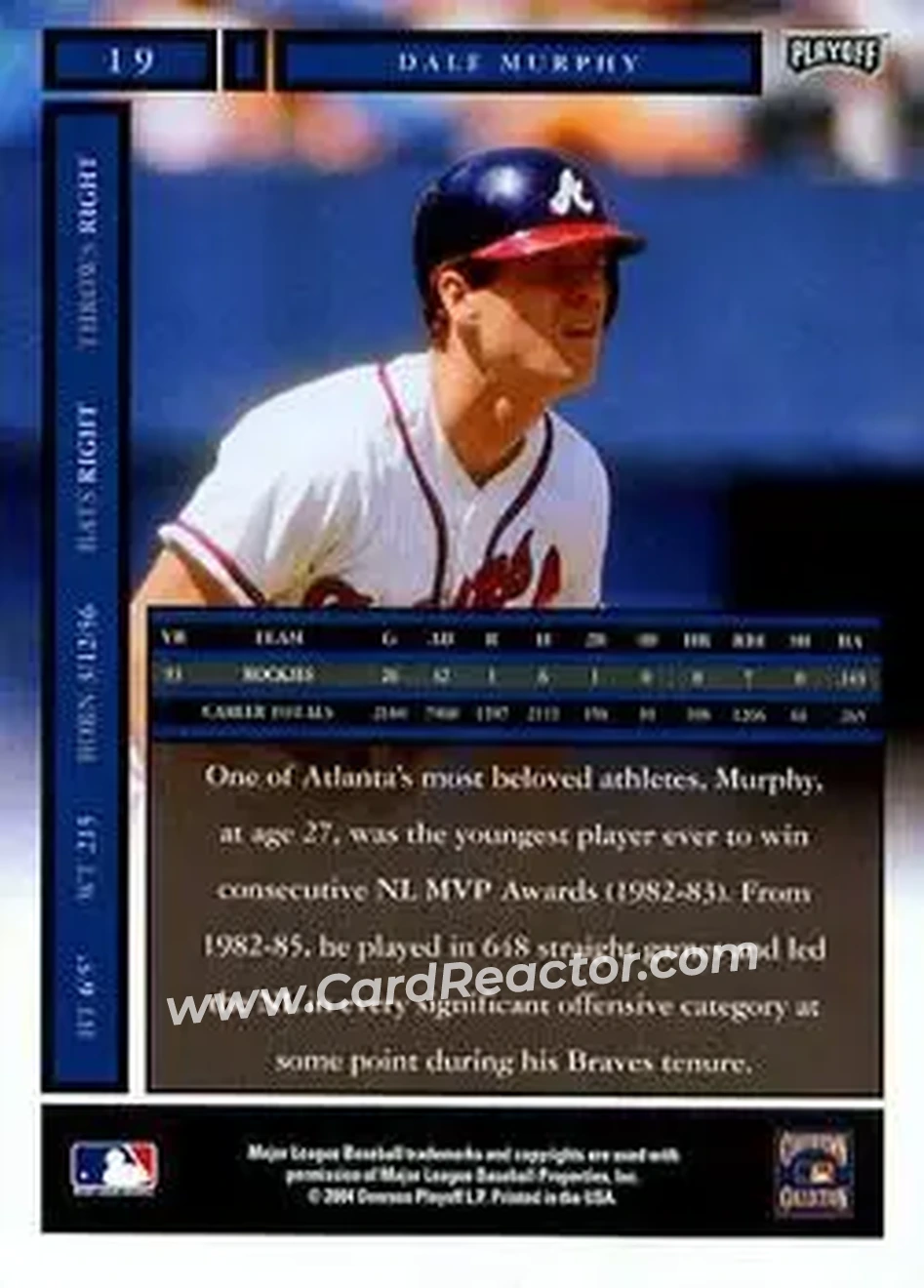2004 Playoff Honors #19 - Dale Murphy - Atlanta Braves - Back