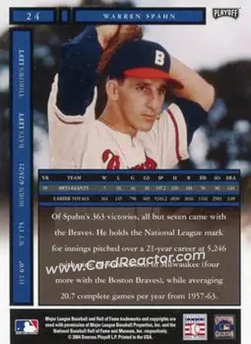 2004 Playoff Honors #24 - Warren Spahn - Milwaukee Braves - Back