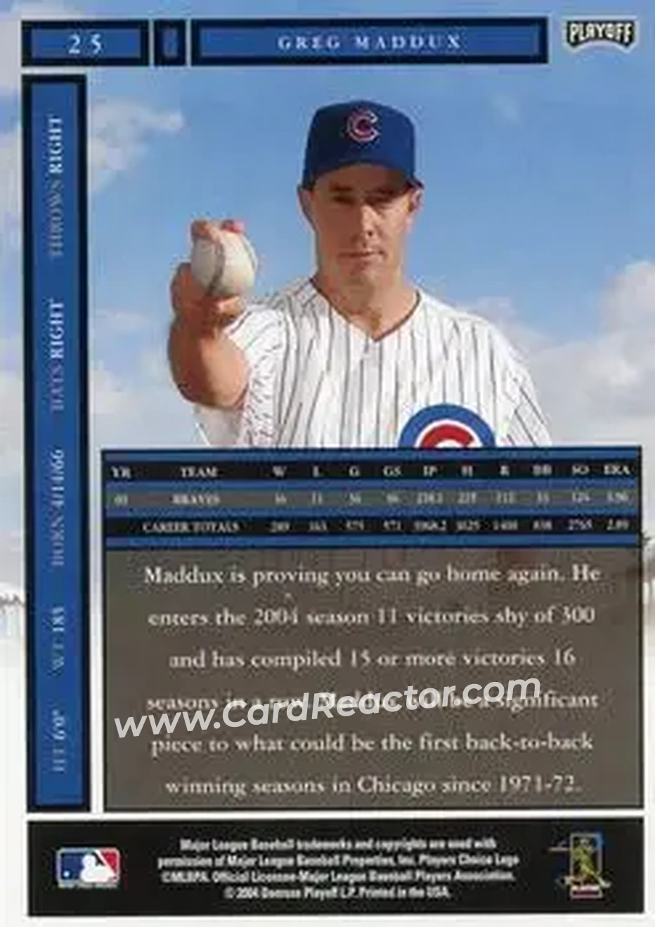 2004 Playoff Honors #25 - Greg Maddux - Chicago Cubs - Back