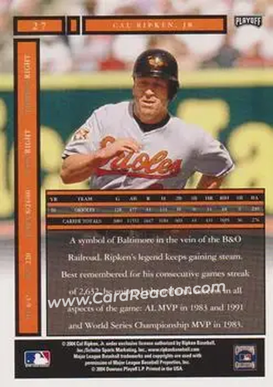 2004 Playoff Honors #27 - Cal Ripken - Baltimore Orioles - Back