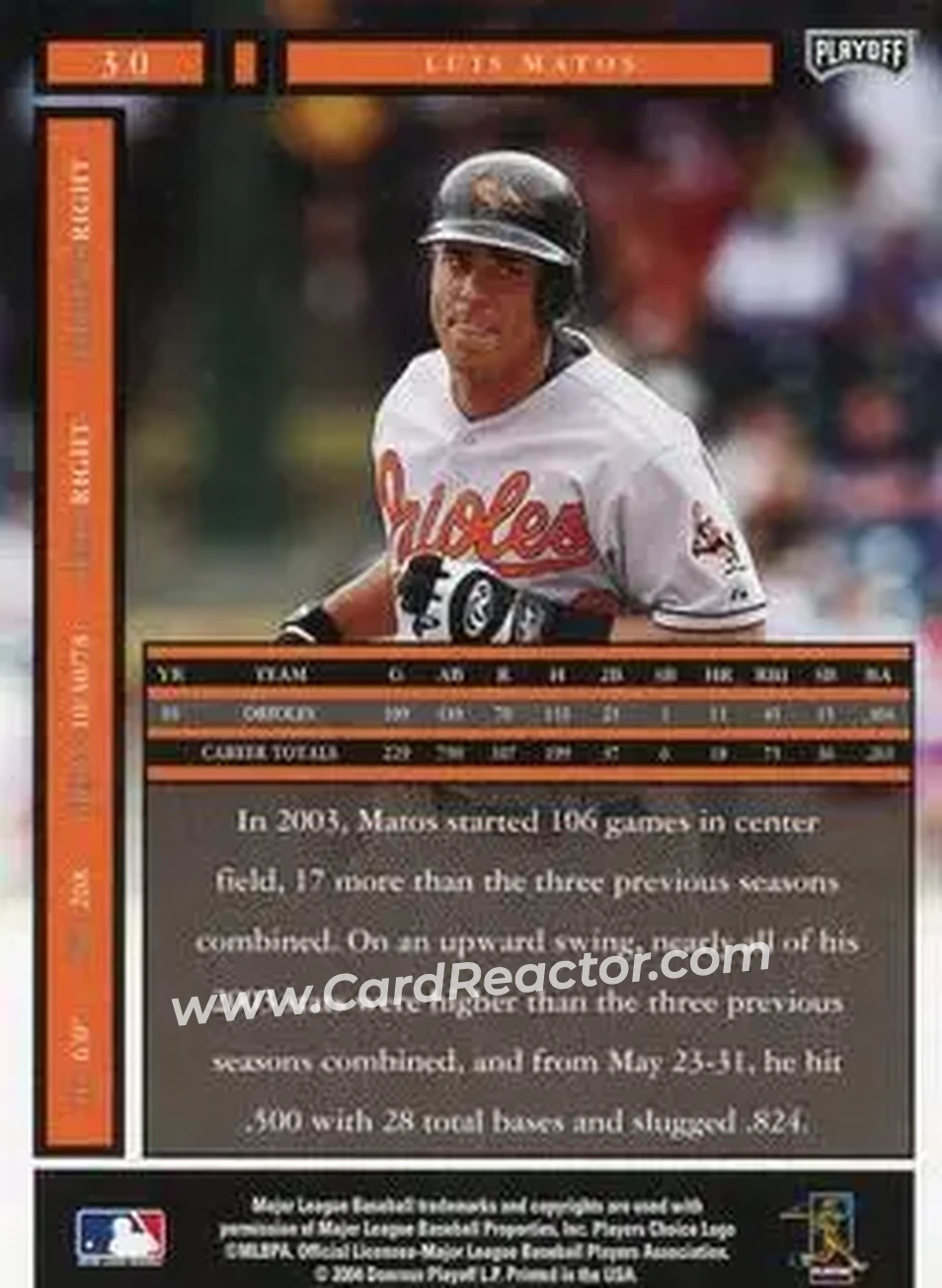 2004 Playoff Honors #30 - Luis Matos - Baltimore Orioles - Back
