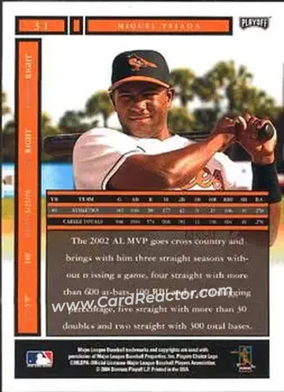 2004 Playoff Honors #31 - Miguel Tejada - Baltimore Orioles - Back