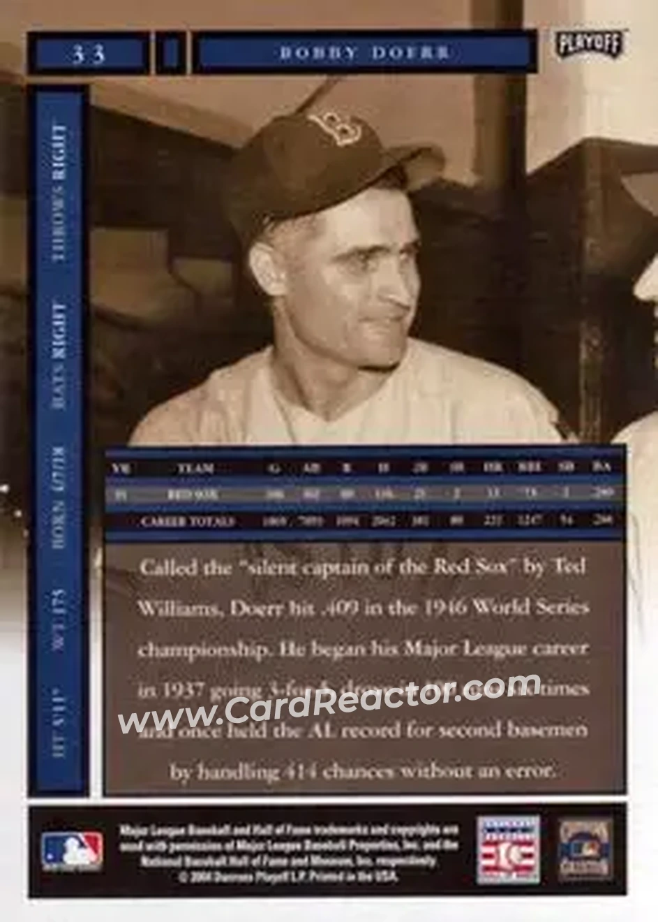 2004 Playoff Honors #33 - Bobby Doerr - Boston Red Sox - Back