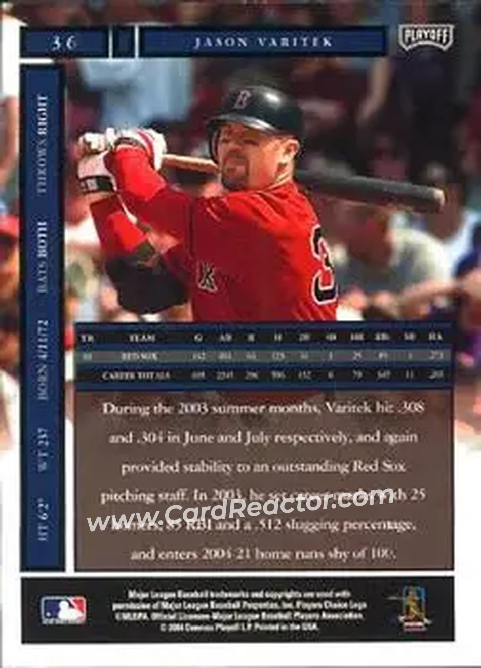 2004 Playoff Honors #36 - Jason Varitek - Boston Red Sox - Back