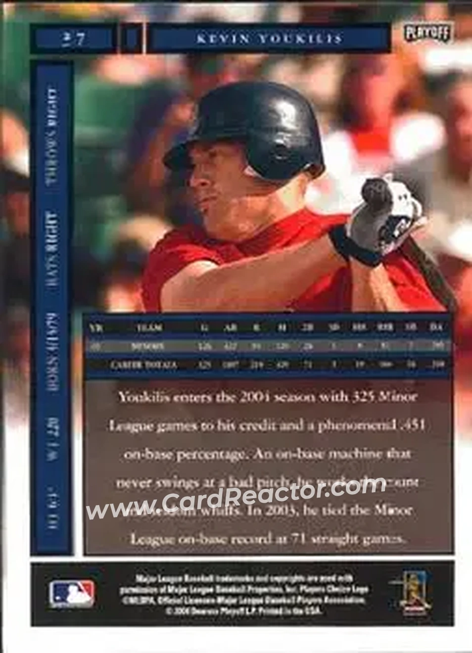 2004 Playoff Honors #37 - Kevin Youkilis - Boston Red Sox - Back