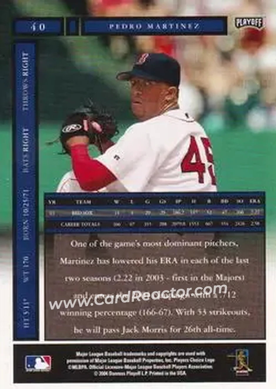 2004 Playoff Honors #40 - Pedro Martinez - Boston Red Sox - Back