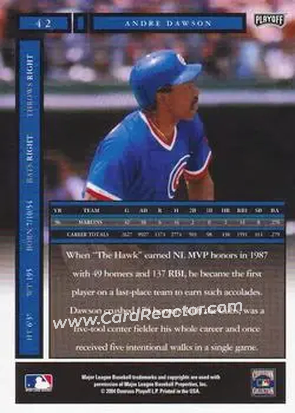 2004 Playoff Honors #42 - Andre Dawson - Chicago Cubs - Back
