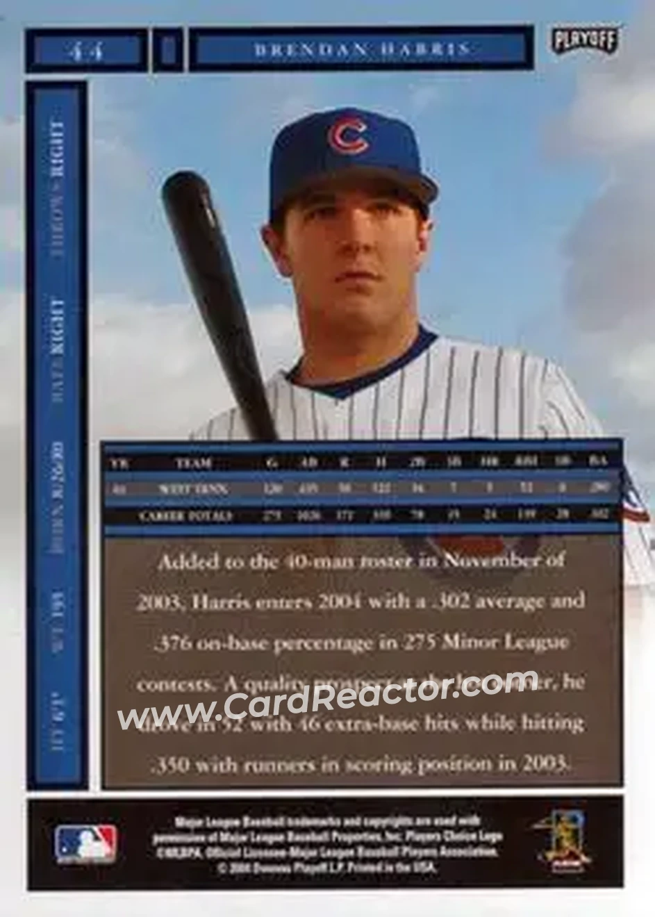 2004 Playoff Honors #44 - Brendan Harris - Chicago Cubs - Back