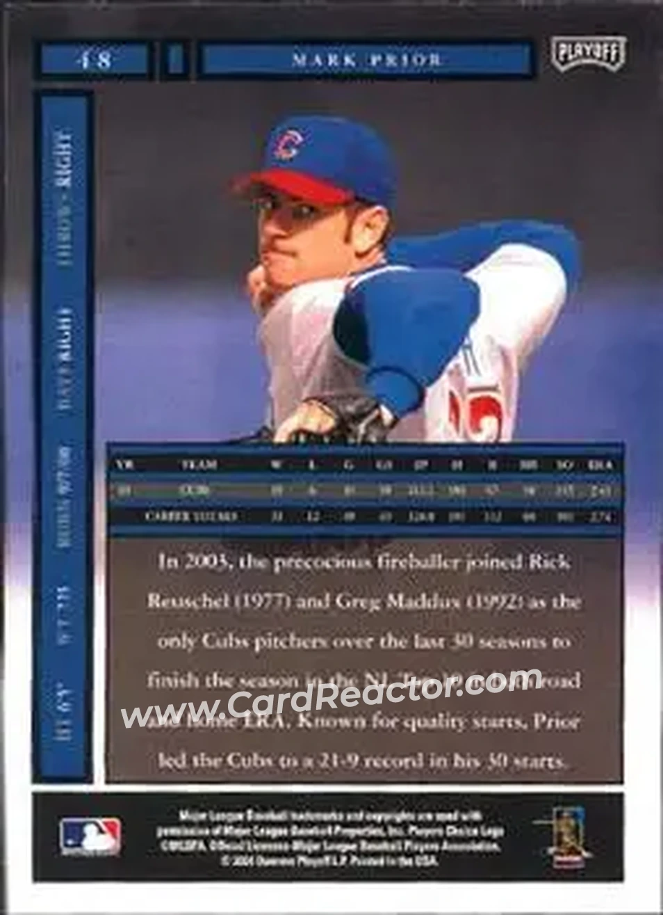 2004 Playoff Honors #48 - Mark Prior - Chicago Cubs - Back