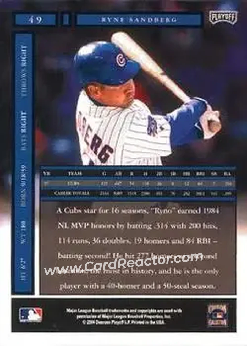 2004 Playoff Honors #49 - Ryne Sandberg - Chicago Cubs - Back