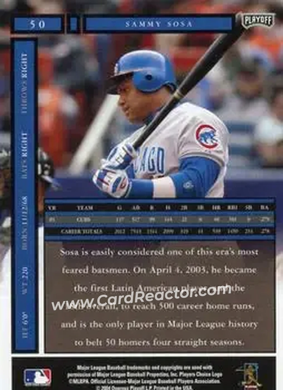 2004 Playoff Honors #50 - Sammy Sosa - Chicago Cubs - Back