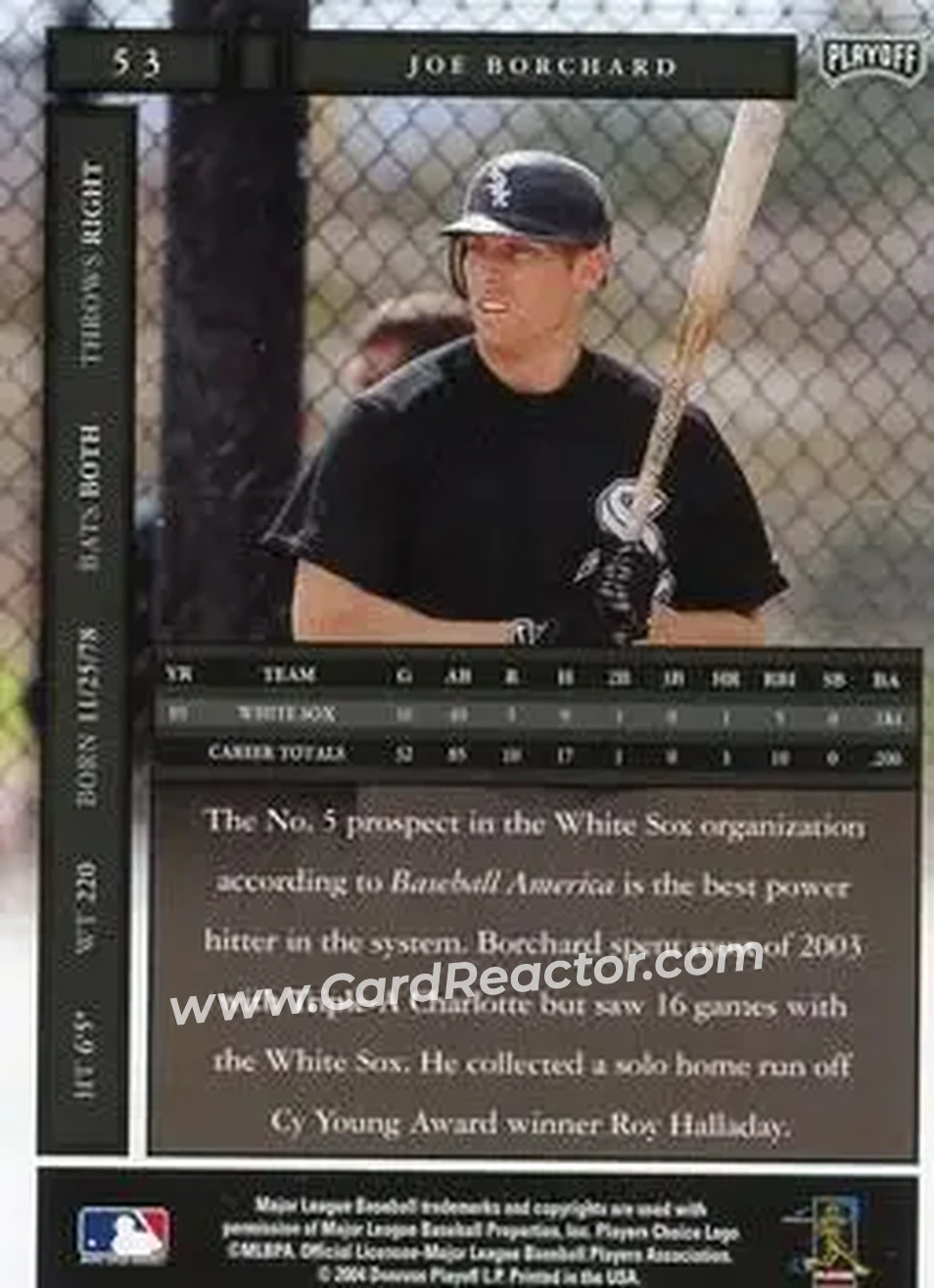 2004 Playoff Honors #53 - Joe Borchard - Chicago White Sox - Back