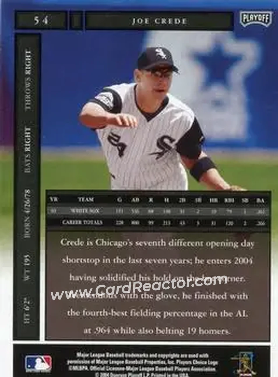 2004 Playoff Honors #54 - Joe Crede - Chicago White Sox - Back