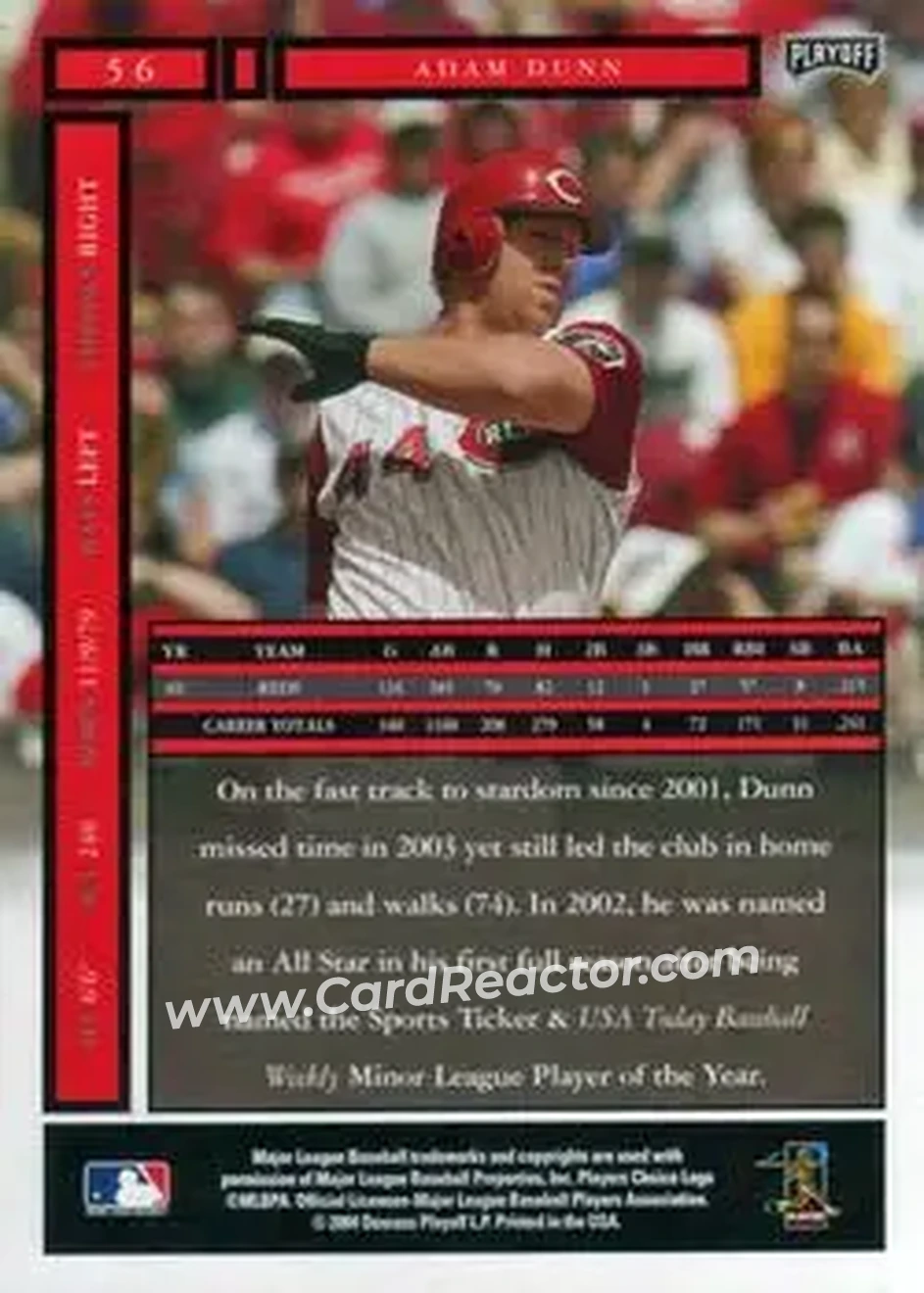 2004 Playoff Honors #56 - Adam Dunn - Cincinnati Reds - Back