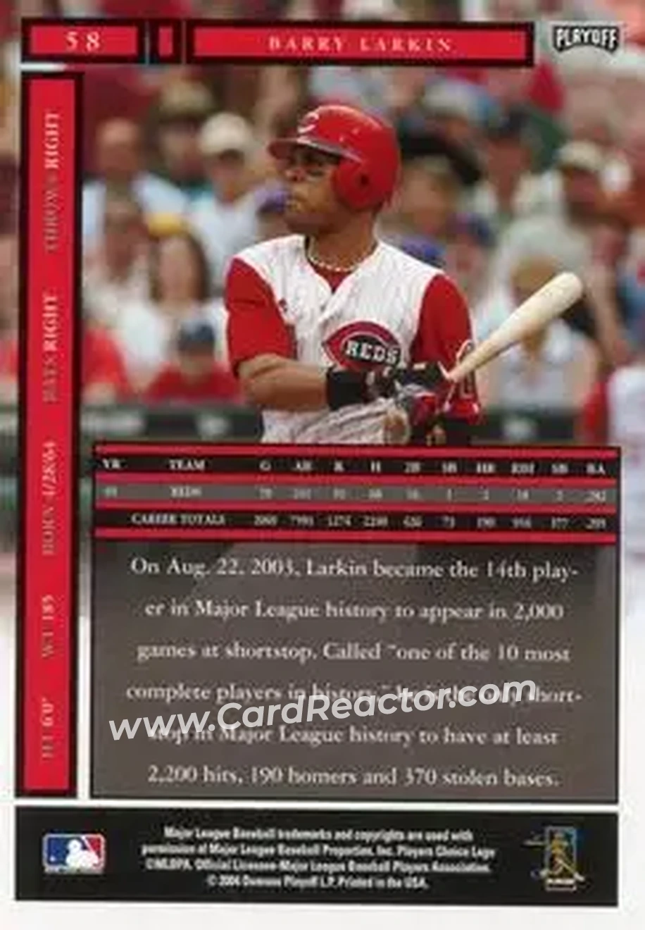 2004 Playoff Honors #58 - Barry Larkin - Cincinnati Reds - Back