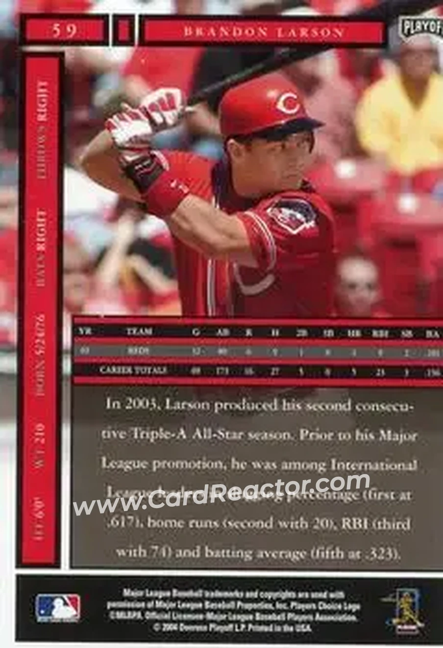 2004 Playoff Honors #59 - Brandon Larson - Cincinnati Reds - Back