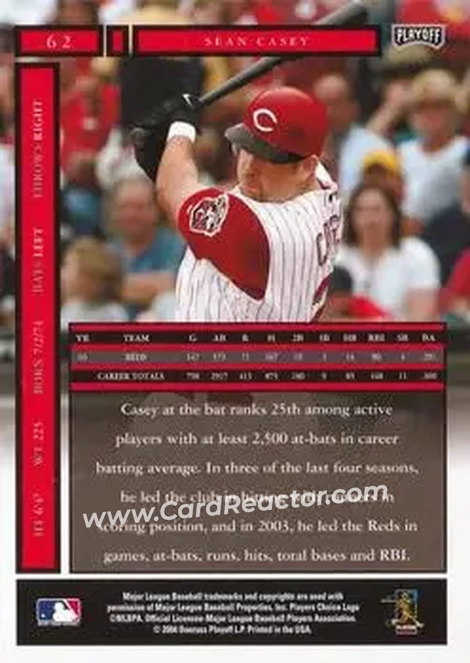 2004 Playoff Honors #62 - Sean Casey - Cincinnati Reds - Back