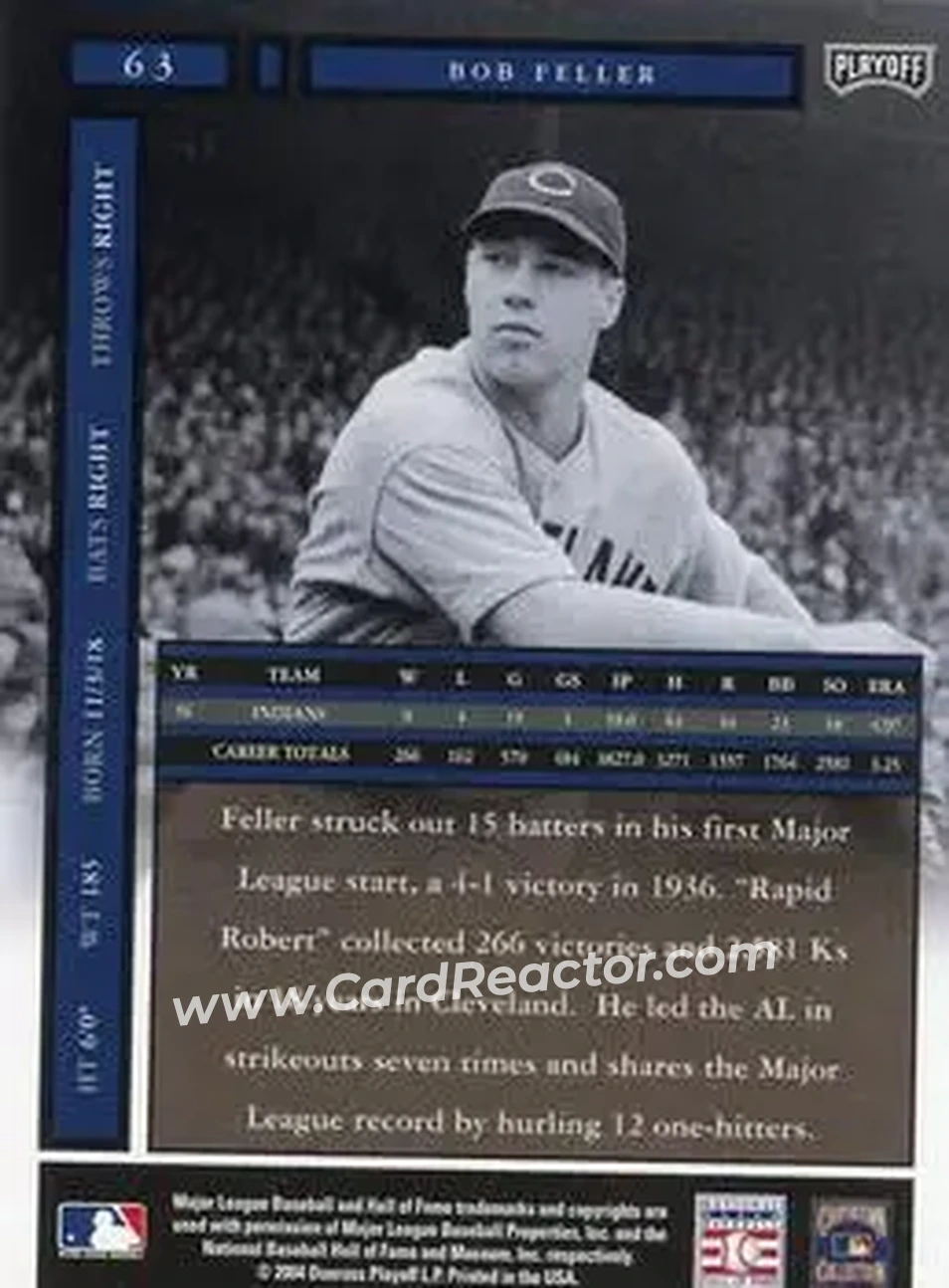 2004 Playoff Honors #63 - Bob Feller - Cleveland Indians - Back