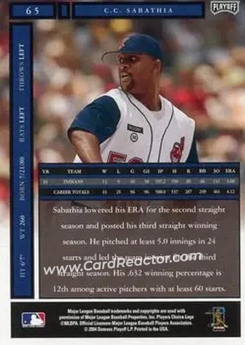 2004 Playoff Honors #65 - CC Sabathia - Cleveland Indians - Back
