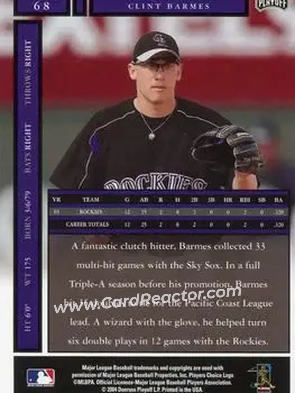2004 Playoff Honors #68 - Clint Barmes - Colorado Rockies - Back