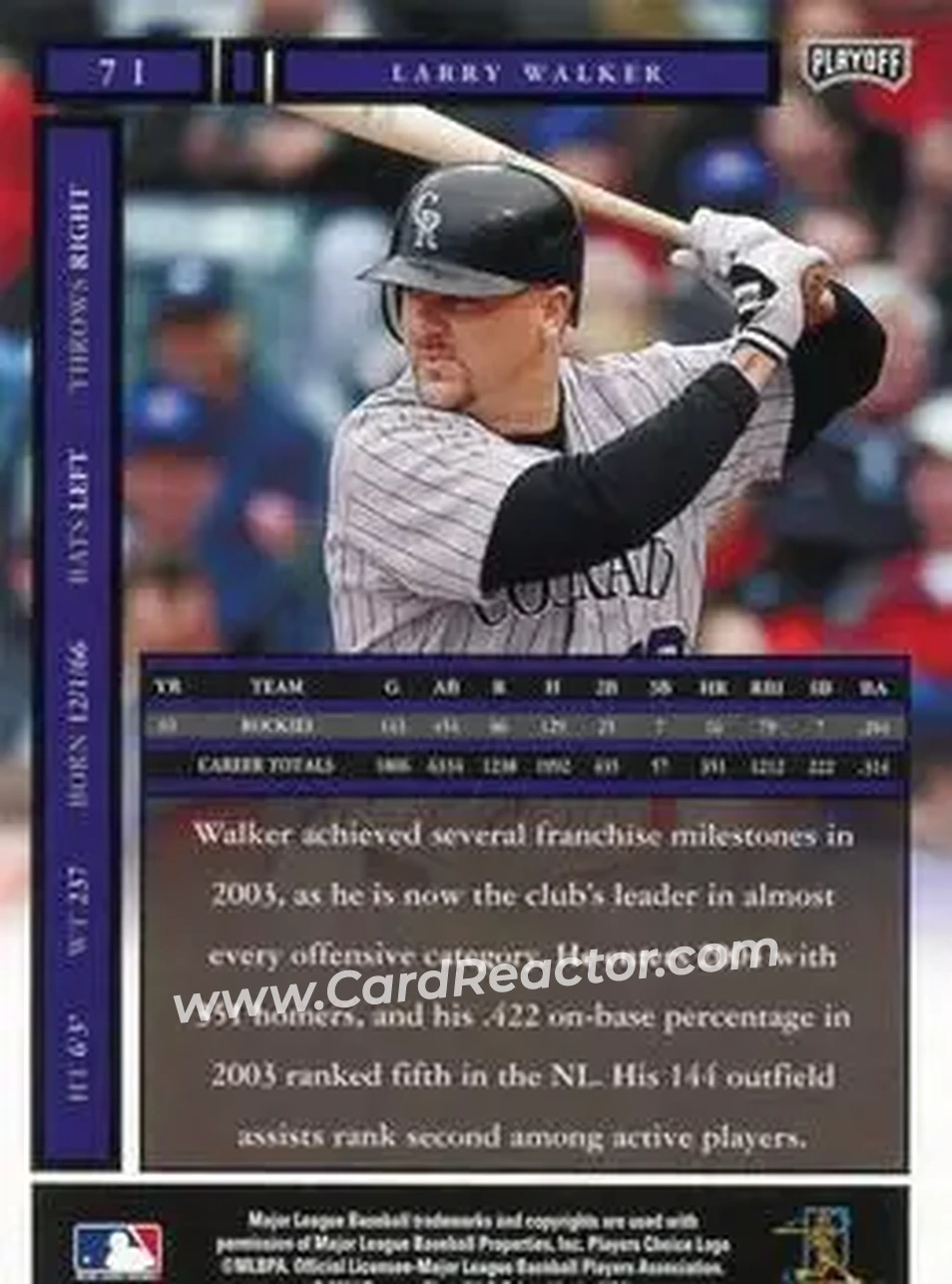 2004 Playoff Honors #71 - Larry Walker - Colorado Rockies - Back