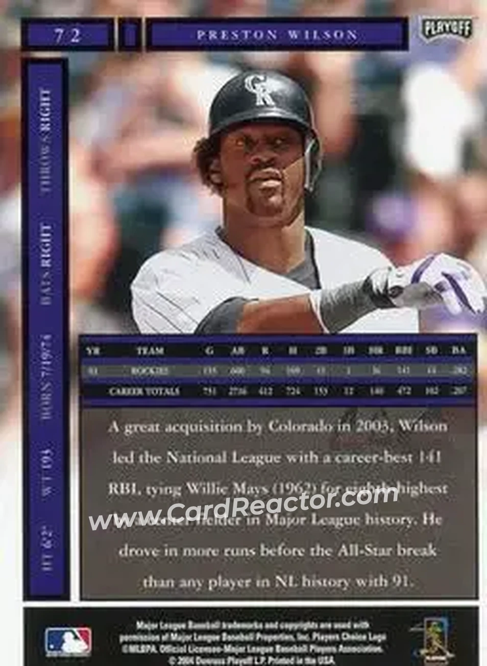 2004 Playoff Honors #72 - Preston Wilson - Colorado Rockies - Back