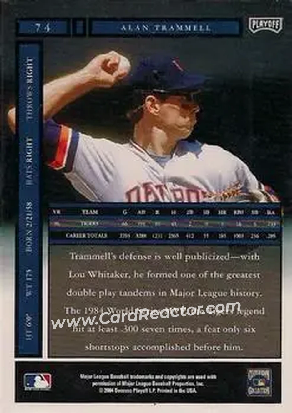 2004 Playoff Honors #74 - Alan Trammell - Detroit Tigers - Back