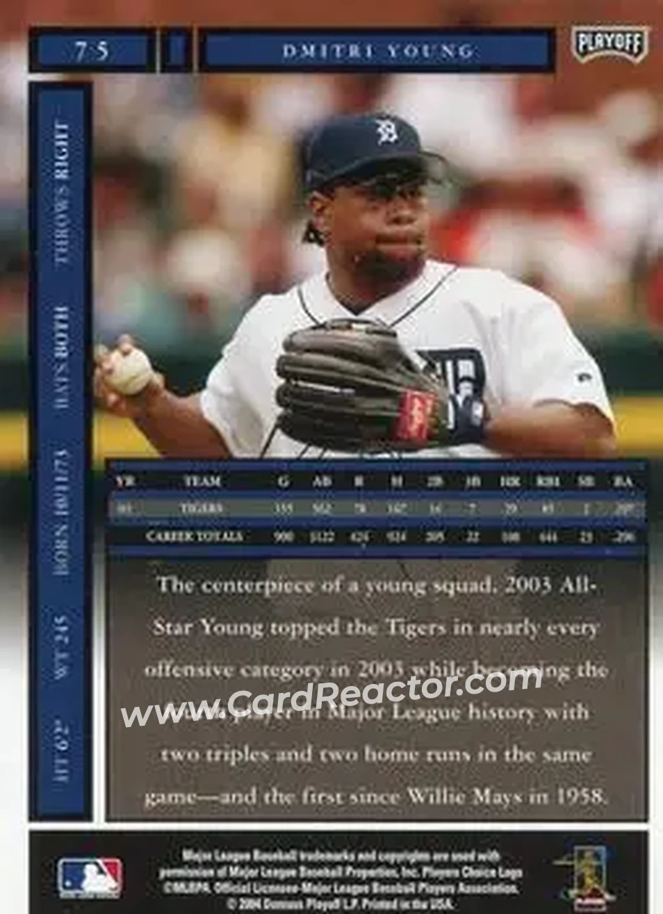 2004 Playoff Honors #75 - Dmitri Young - Detroit Tigers - Back