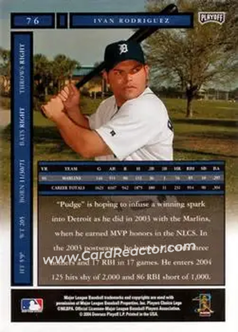 2004 Playoff Honors #76 - Ivan Rodriguez - Detroit Tigers - Back
