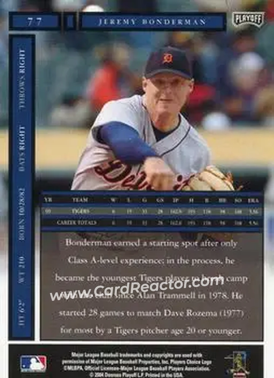 2004 Playoff Honors #77 - Jeremy Bonderman - Detroit Tigers - Back