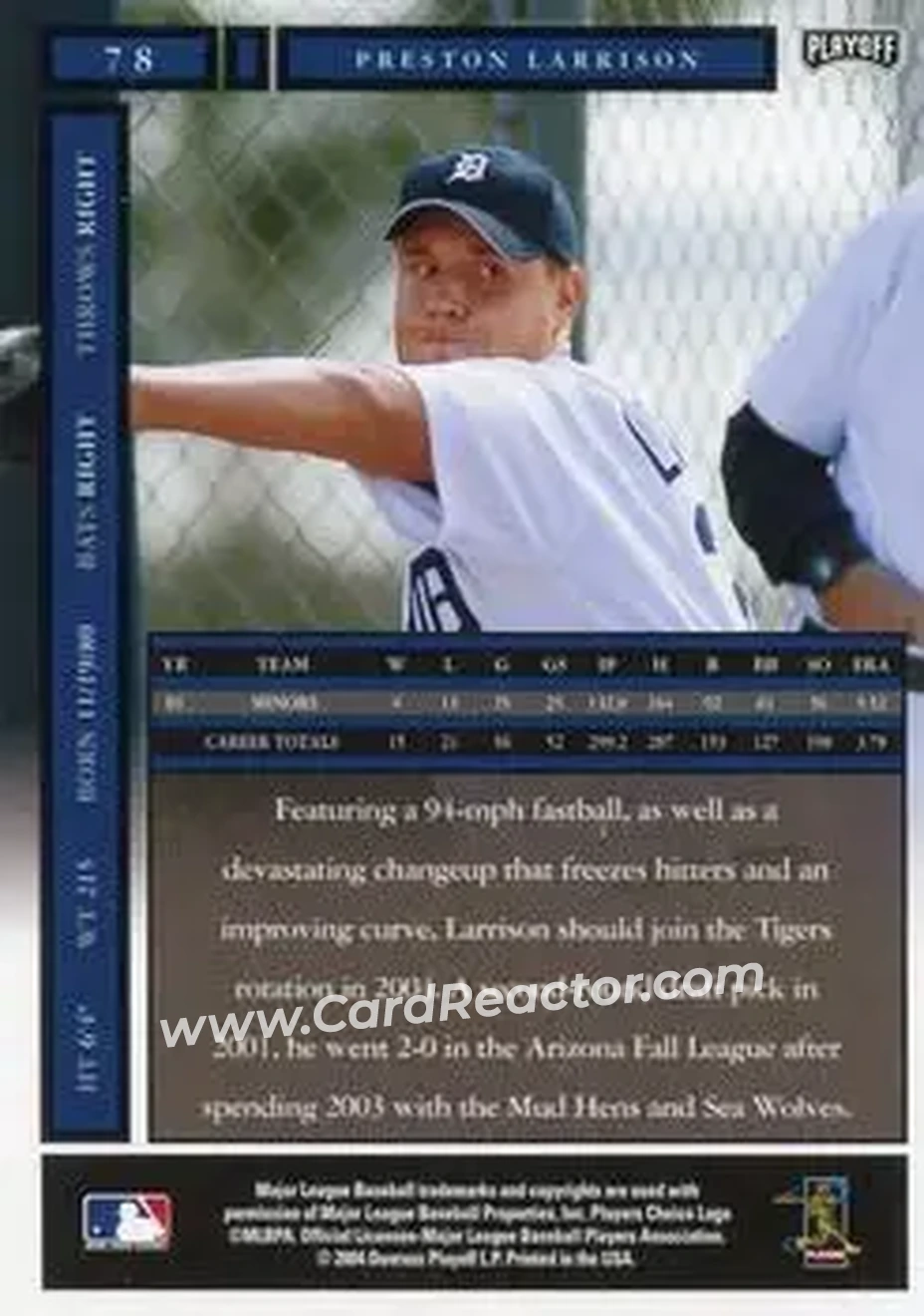 2004 Playoff Honors #78 - Preston Larrison - Detroit Tigers - Back