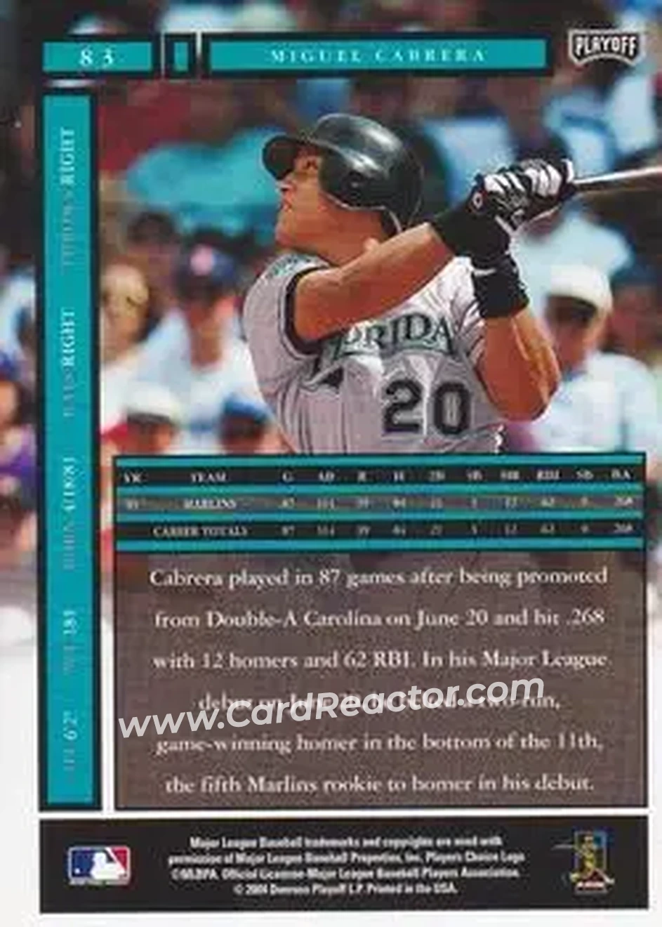 2004 Playoff Honors #83 - Miguel Cabrera - Florida Marlins - Back