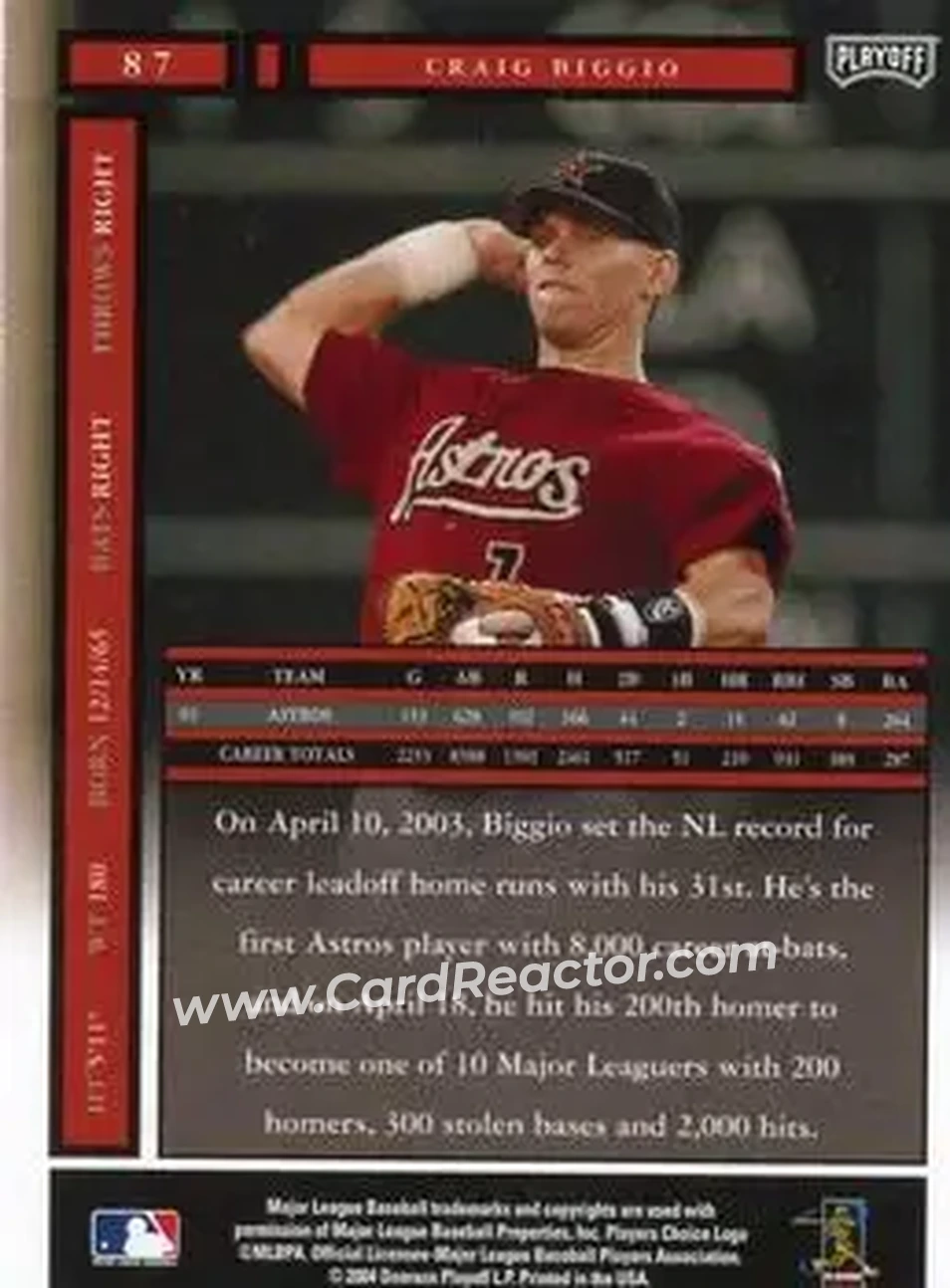 2004 Playoff Honors #87 - Craig Biggio - Houston Astros - Back