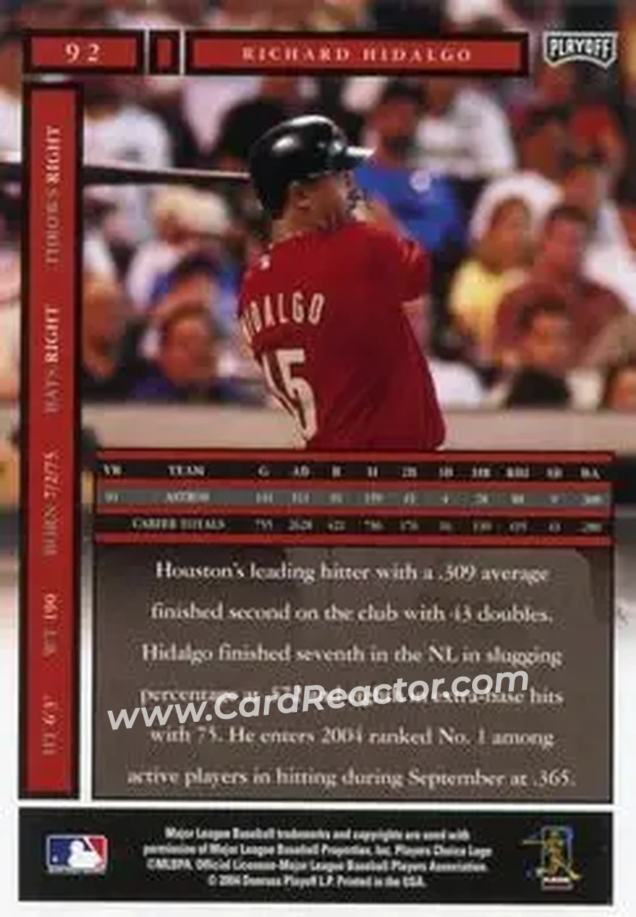2004 Playoff Honors #92 - Richard Hidalgo - Houston Astros - Back