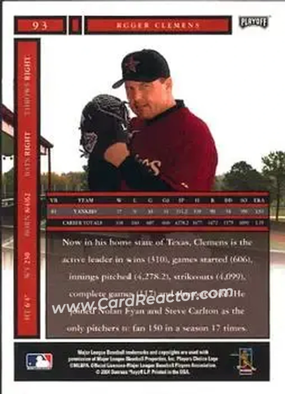 2004 Playoff Honors #93 - Roger Clemens - Houston Astros - Back