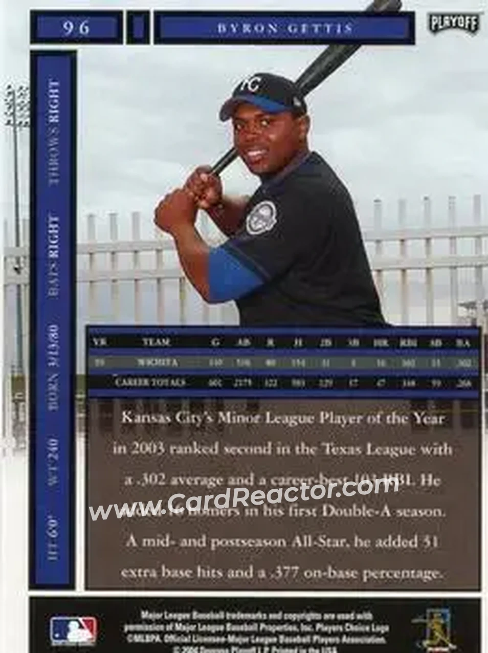 2004 Playoff Honors #96 - Byron Gettis - Kansas City Royals - Back